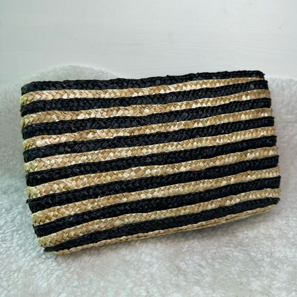 MudPie Clutch Flower Handbag Natural Woven Wheat Straw black Gold Accent Stripes - Picture 10 of 16